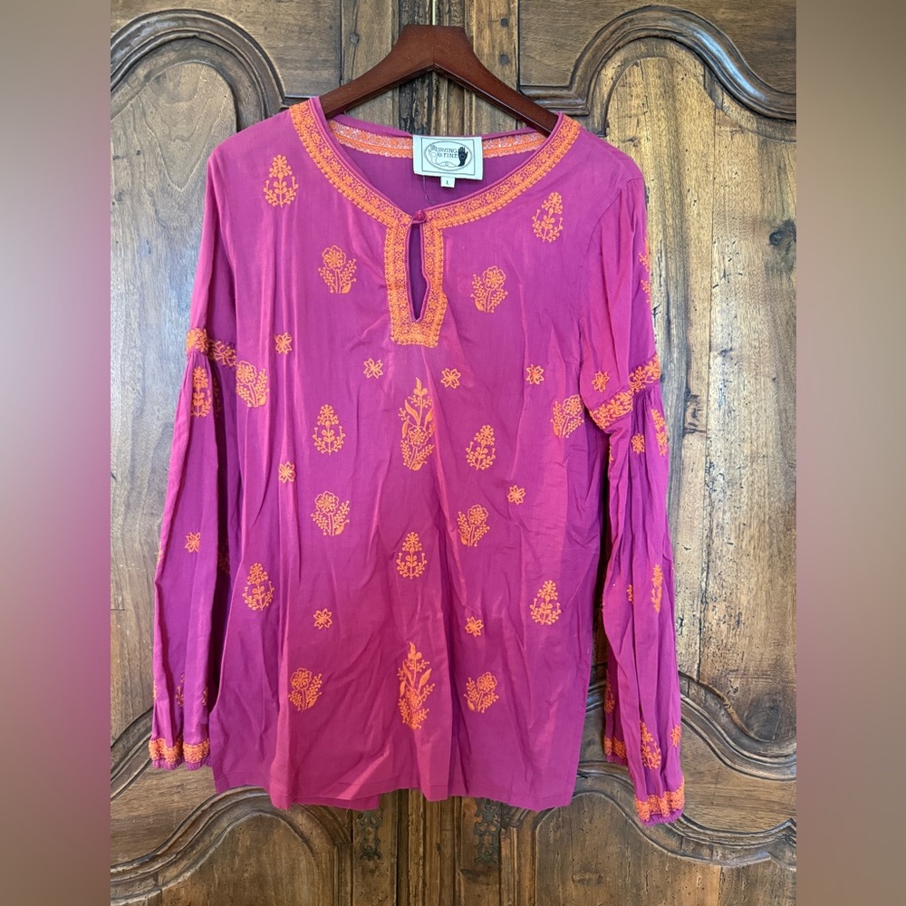 Irving & Fine Magenta Embroidered Tunic Top with Orange Accents Size L